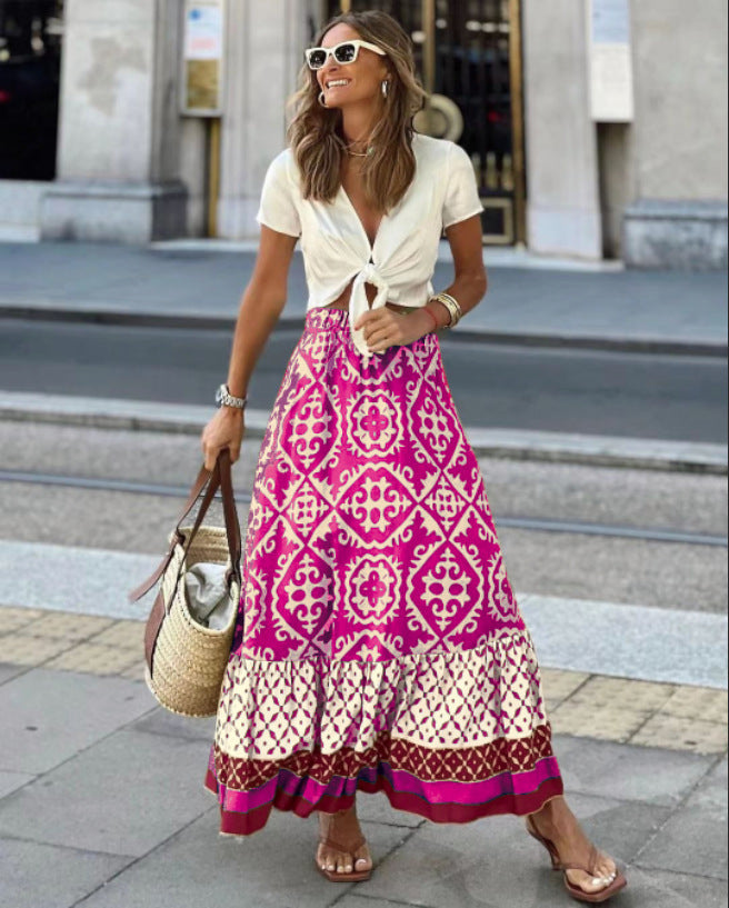 Women's Summer Printed Loose Stitching Large Swing Skirt