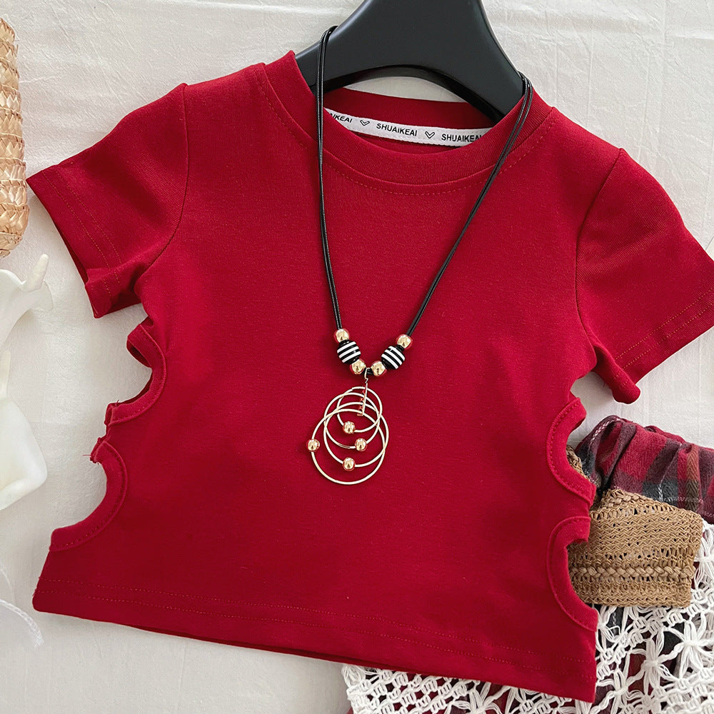 Summer Korean Fashionable Short-sleeved Ripped T-shirt Lace Plaid Skirt Children's Suit