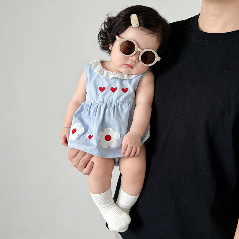 Summer Love Heart Flowers Embroidered Thin Lace Collar Children's Dress