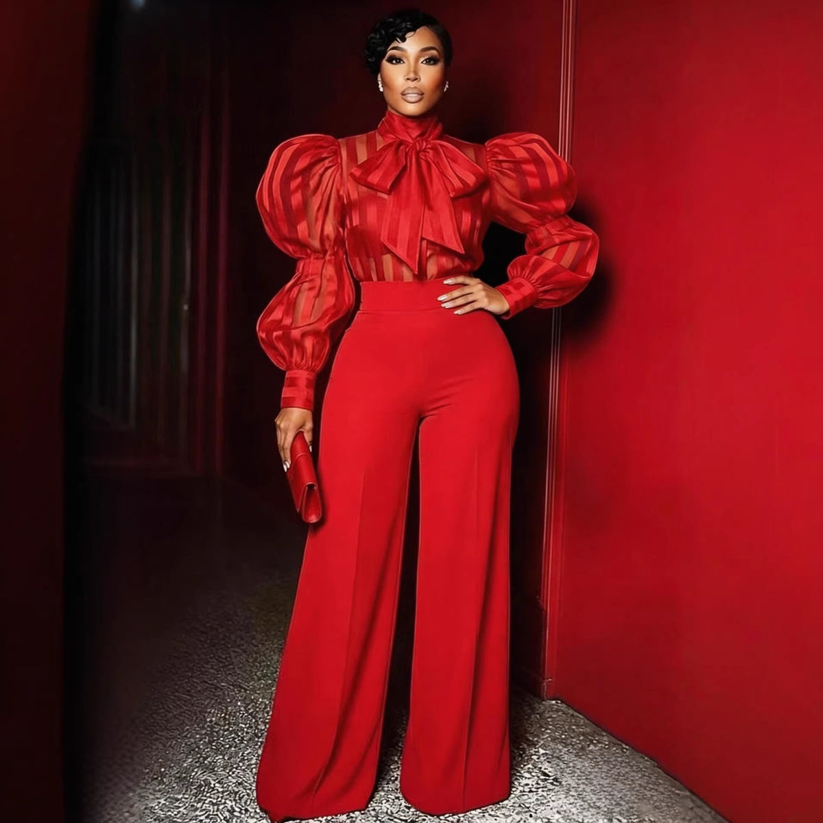 Women's Red Draping Mopping Slimming Trousers Casual Pants