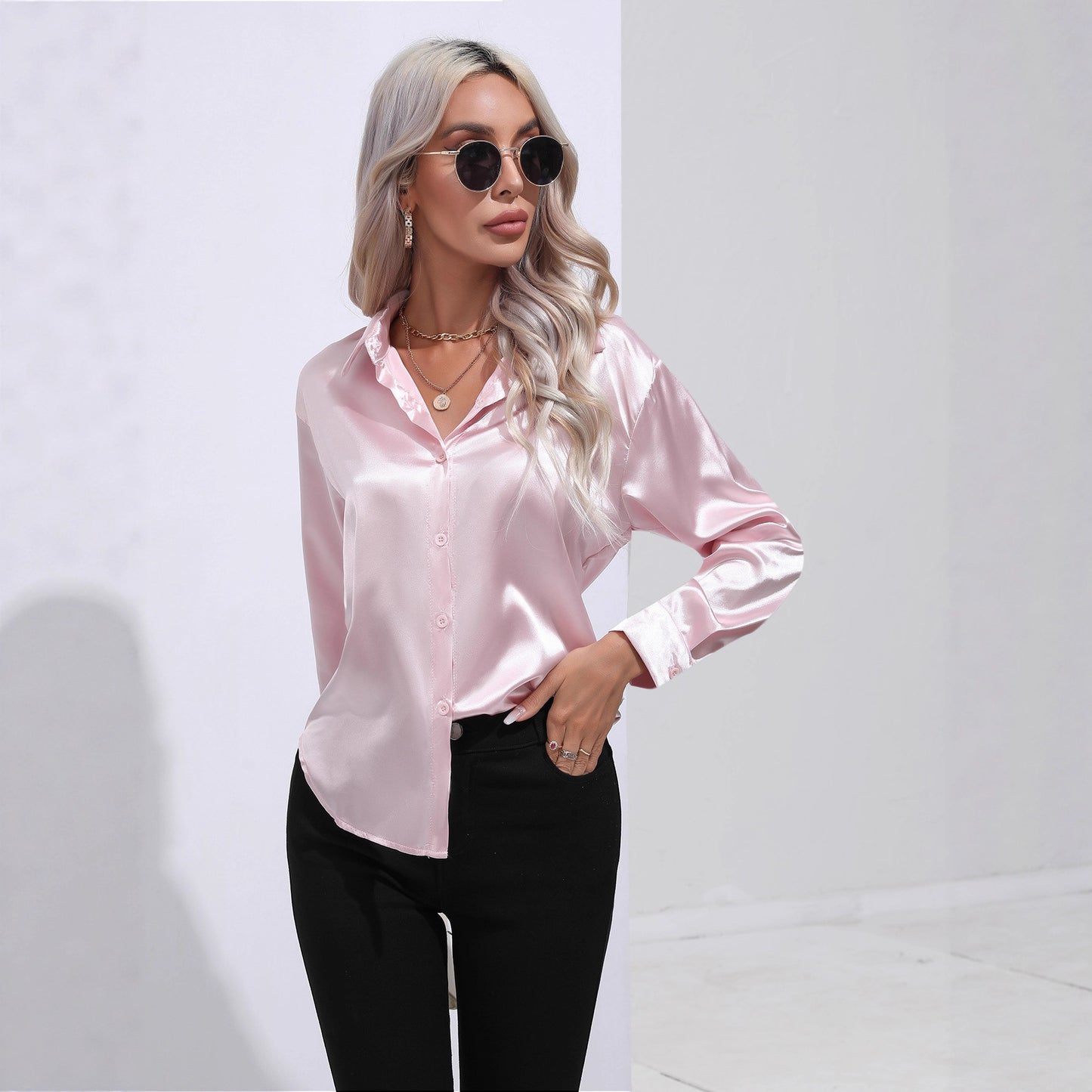 Glamorous Unique Women's Satin Shirt Long-sleeved Blouse