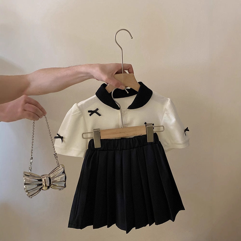 Summer Bow Short-sleeved Shirt Pleated Skirt Children's Suit