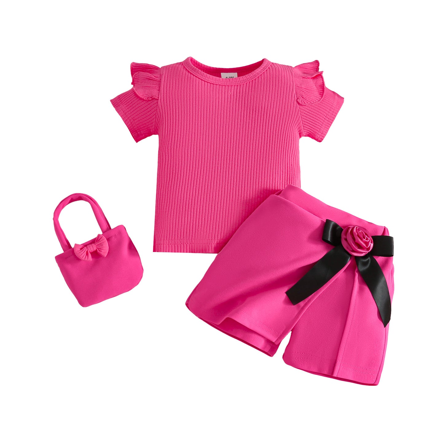 Summer Short Sleeve Sunken Stripe Top Bow Flower Bag Three-piece Children's Suit