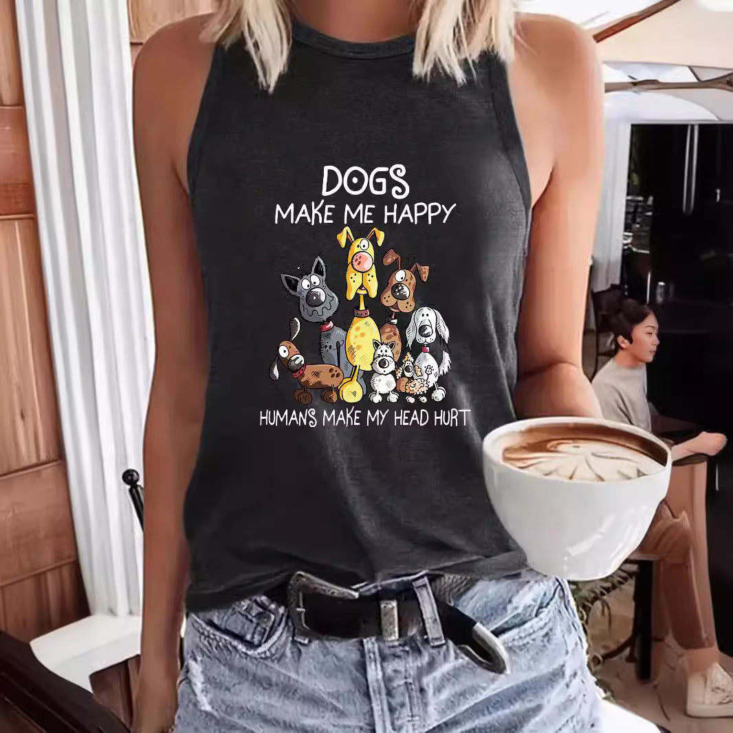 Women's Cartoon Dog Printed Round Neck Casual Women's T-shirt
