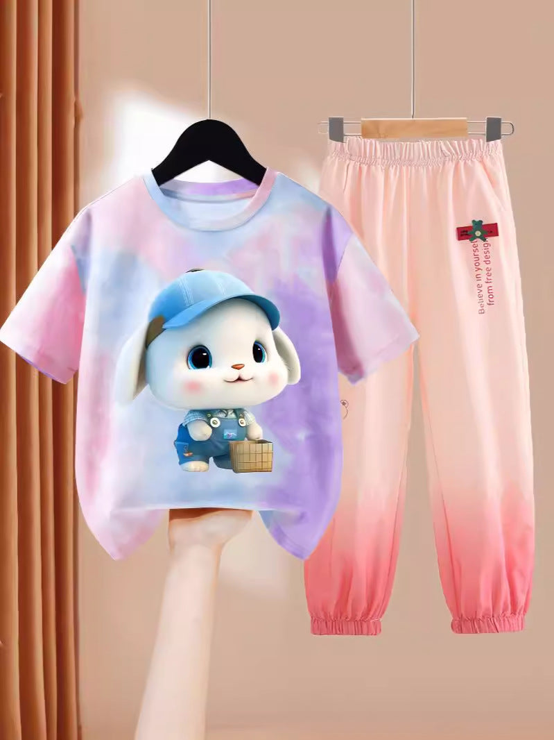 Clothes T-shirt Medium Large Short Sleeved Ice Silk Trousers Two-piece Children's Suit