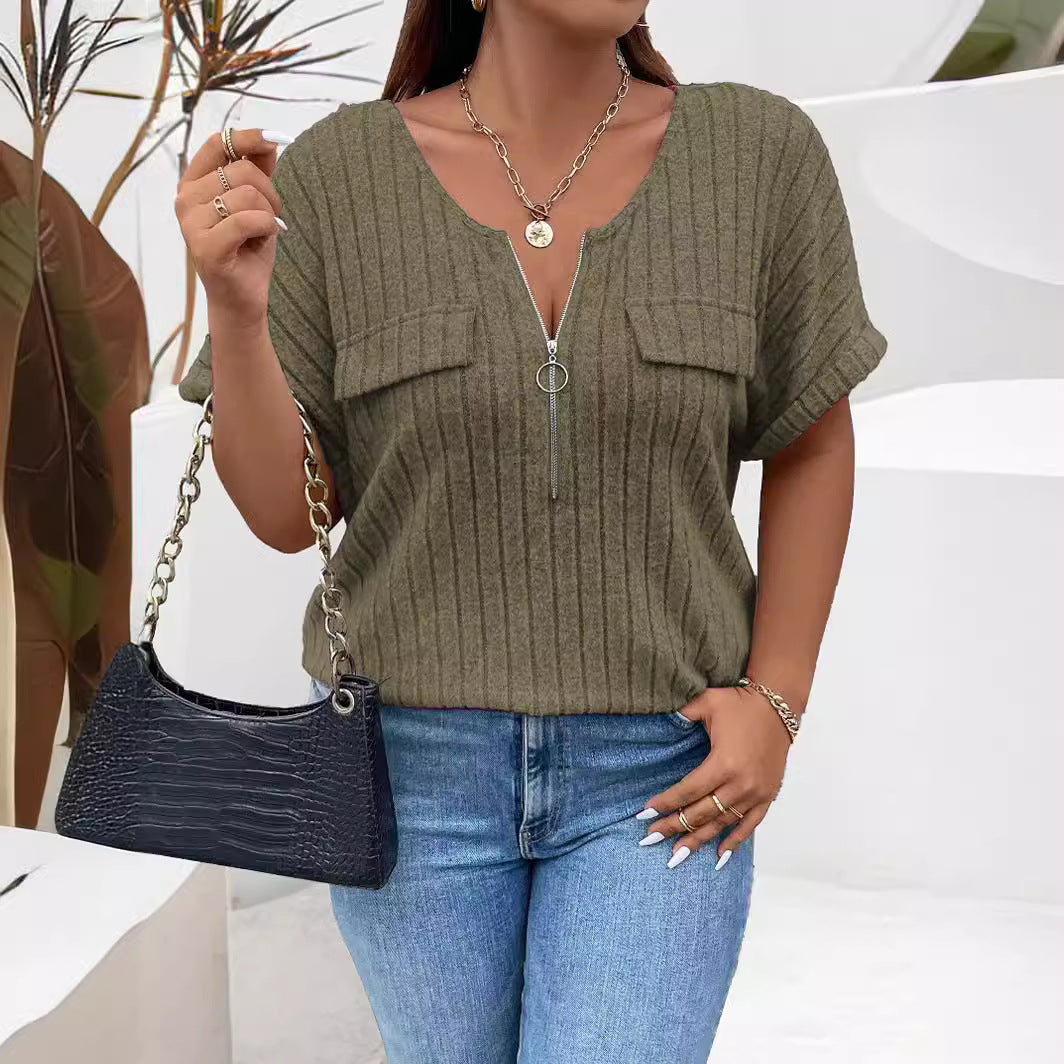Women's Solid Color Clothes Zipper Sleeve Faux Pocket Pullover Tops