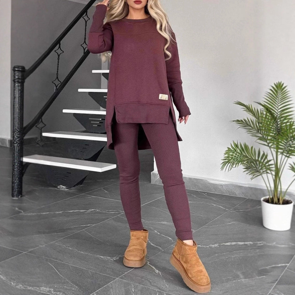 Women's Slit Long Sleeve Crew Neck Solid Color Fashion Casual Suit
