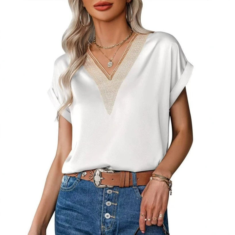 Women's Elegant Fashion Solid Color Lace Stitching Women's T-shirt