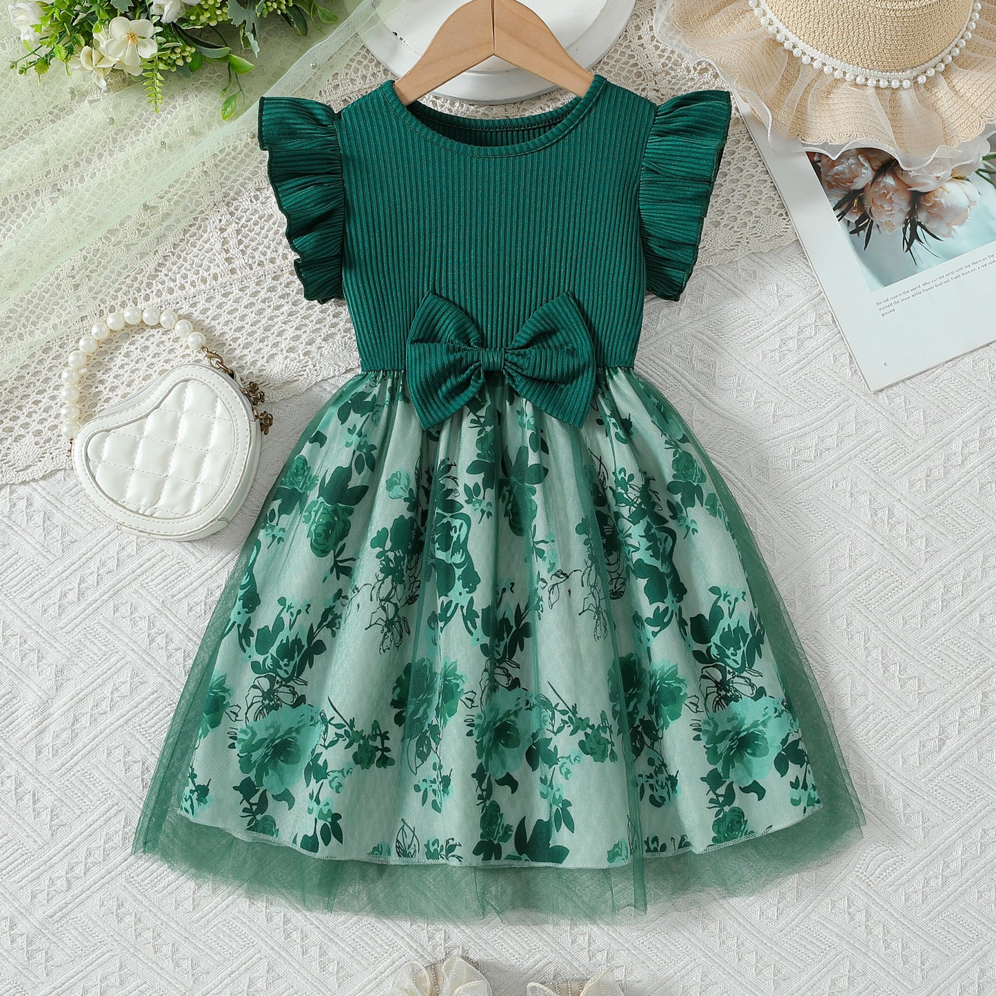 Flounced Sleeve Fake Two-piece Bow Print Stitching Children's Dress