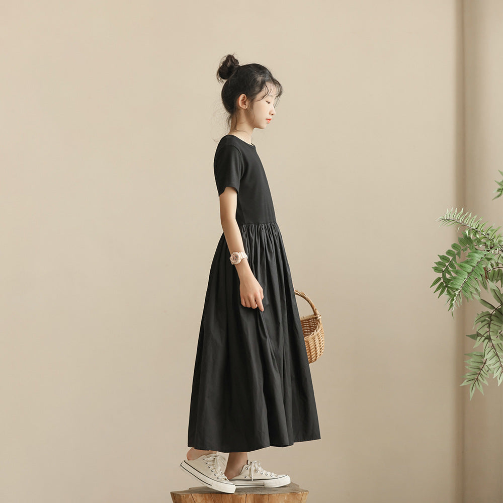 Little Black Medium Large Long Waist Trimming Short-sleeved Temperament Shirt Children's Dress