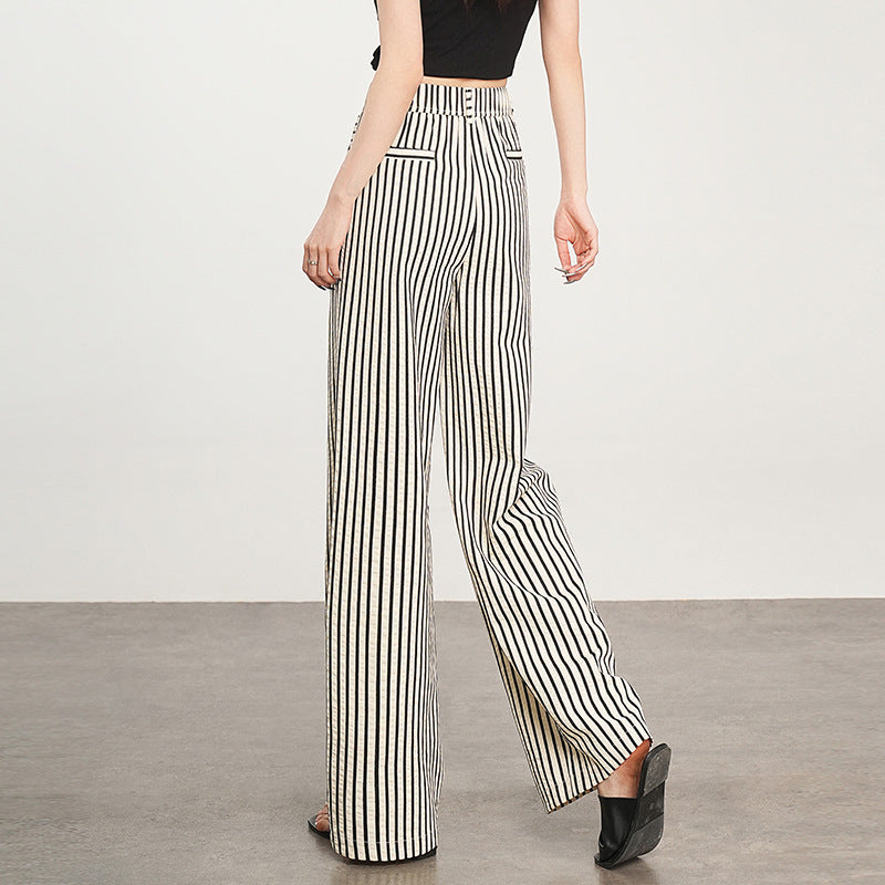 Women's Vertical Stripes Ice Silk Leisure High Waist Loose Small Casual Pants