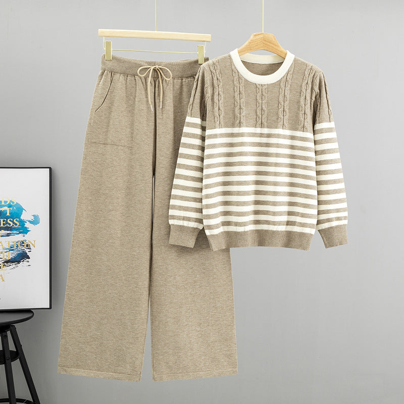 Women's Elegant Striped Pullover Cable Loose-fitting Wide Leg Pants