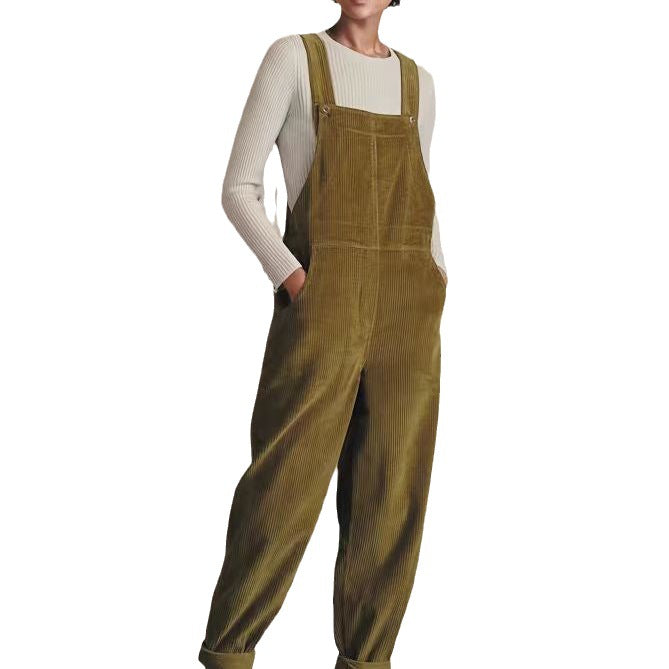 Elegant Solid Color Corduroy Pocket Overalls Casual Pants