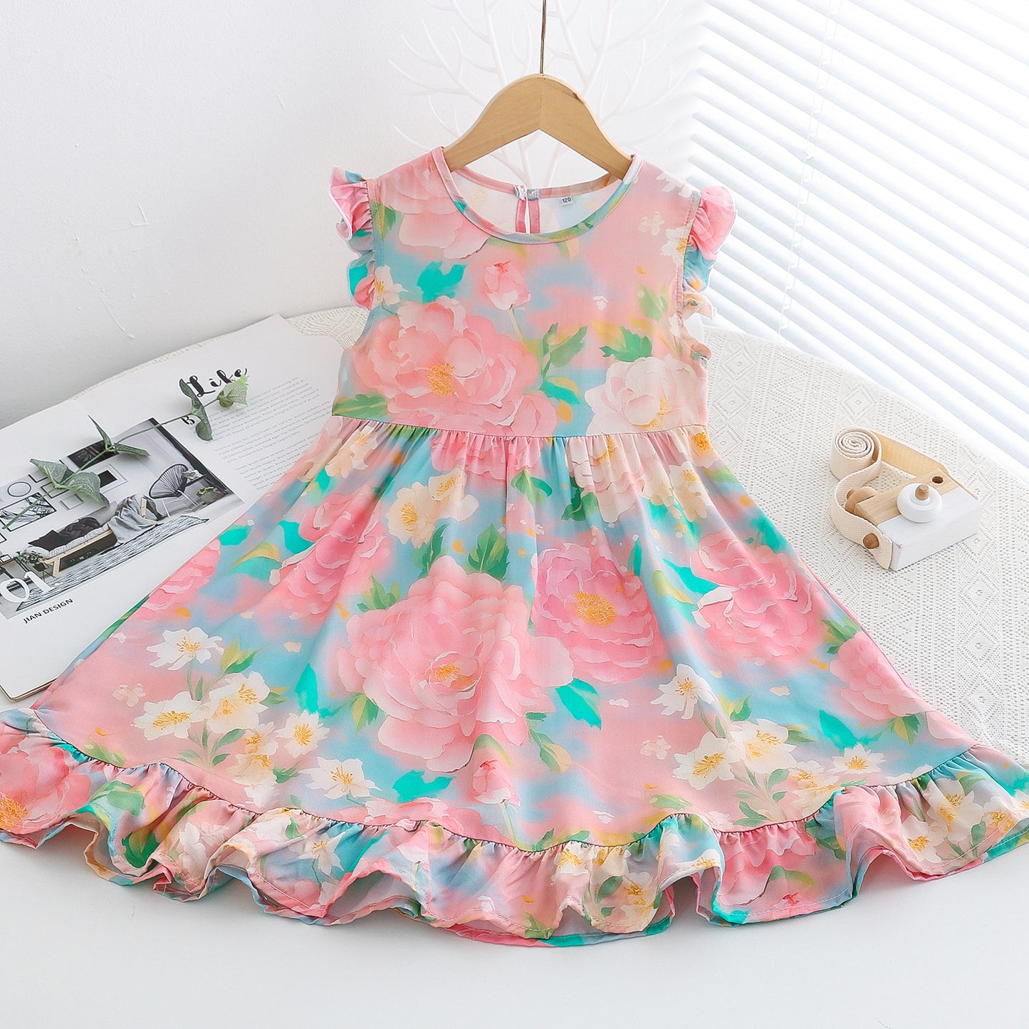 Sweet Little Flounced Sleeve Cotton Silk Summer Thin Cool Rayon Children's Dress