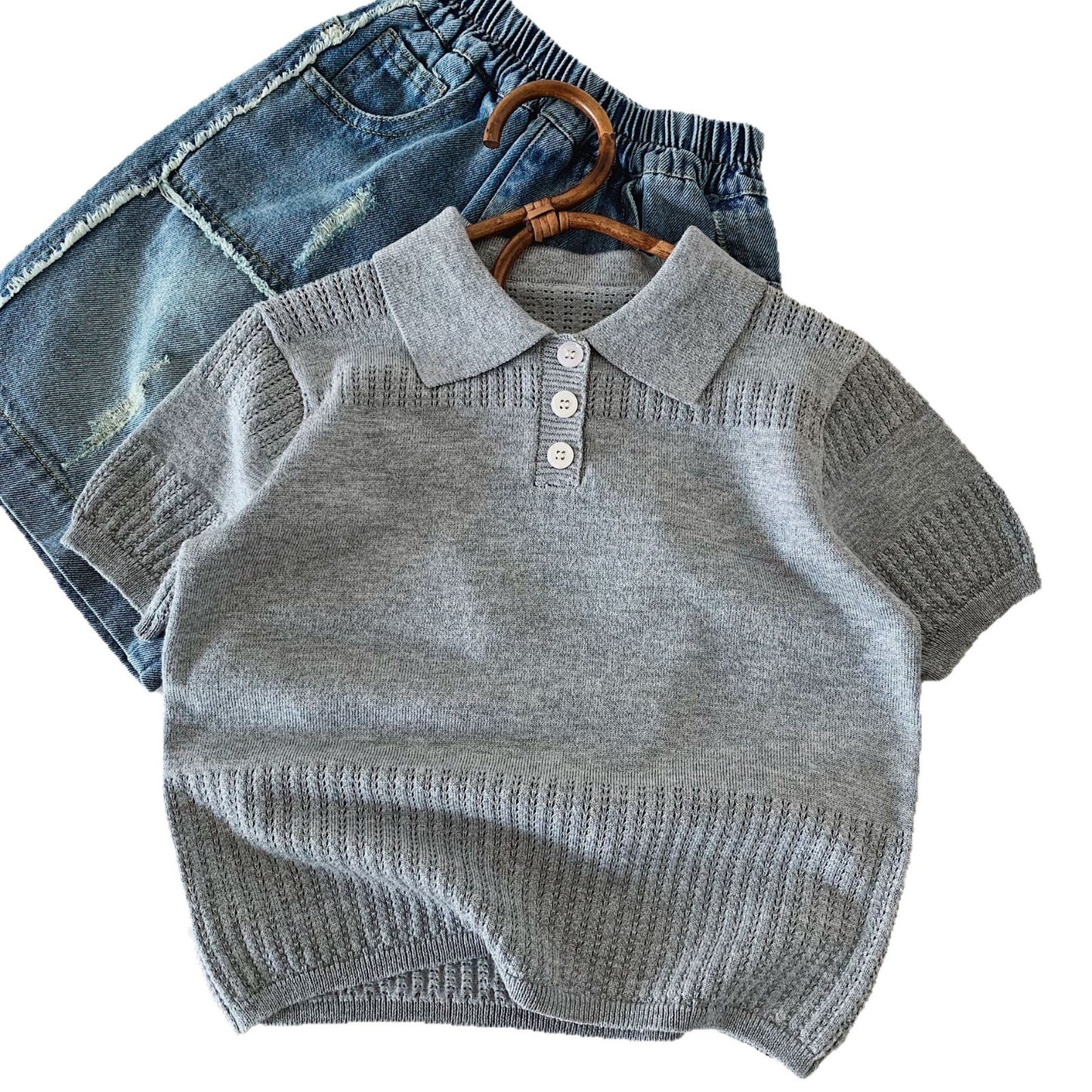 Children's Knitting Short Sleeve Shirt Summer Polo Collar Solid Color Thin Children's T-shirt