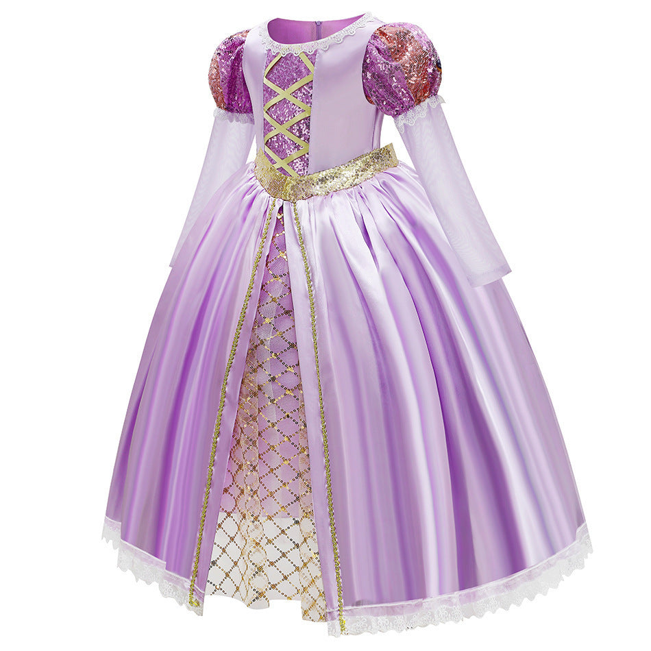 Children's Long Hair Princess Golden Big Bow Children's Dress
