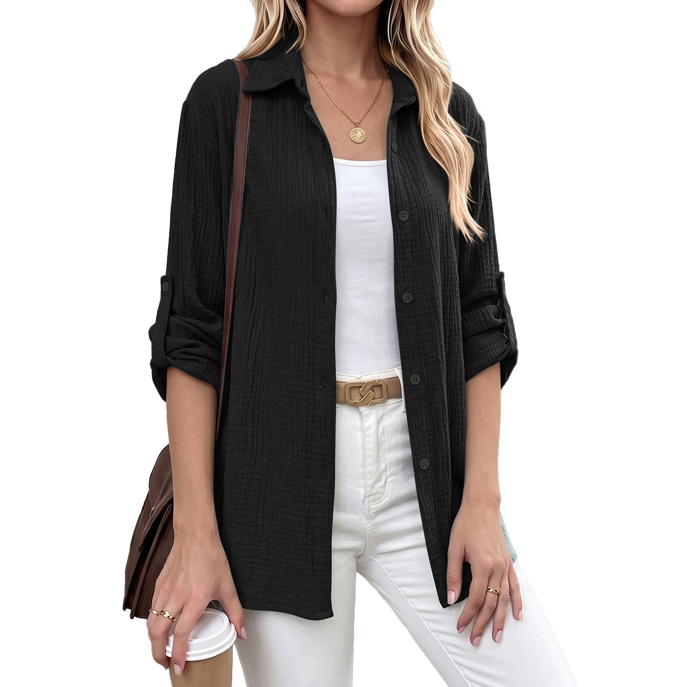 Long Sleeve Lapel Button Shirt Cuff Blouse