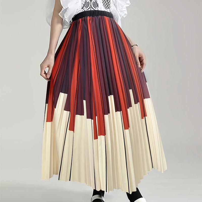 High Waist Pleated Striped Printing Color Contrast Simple Thin Skirt