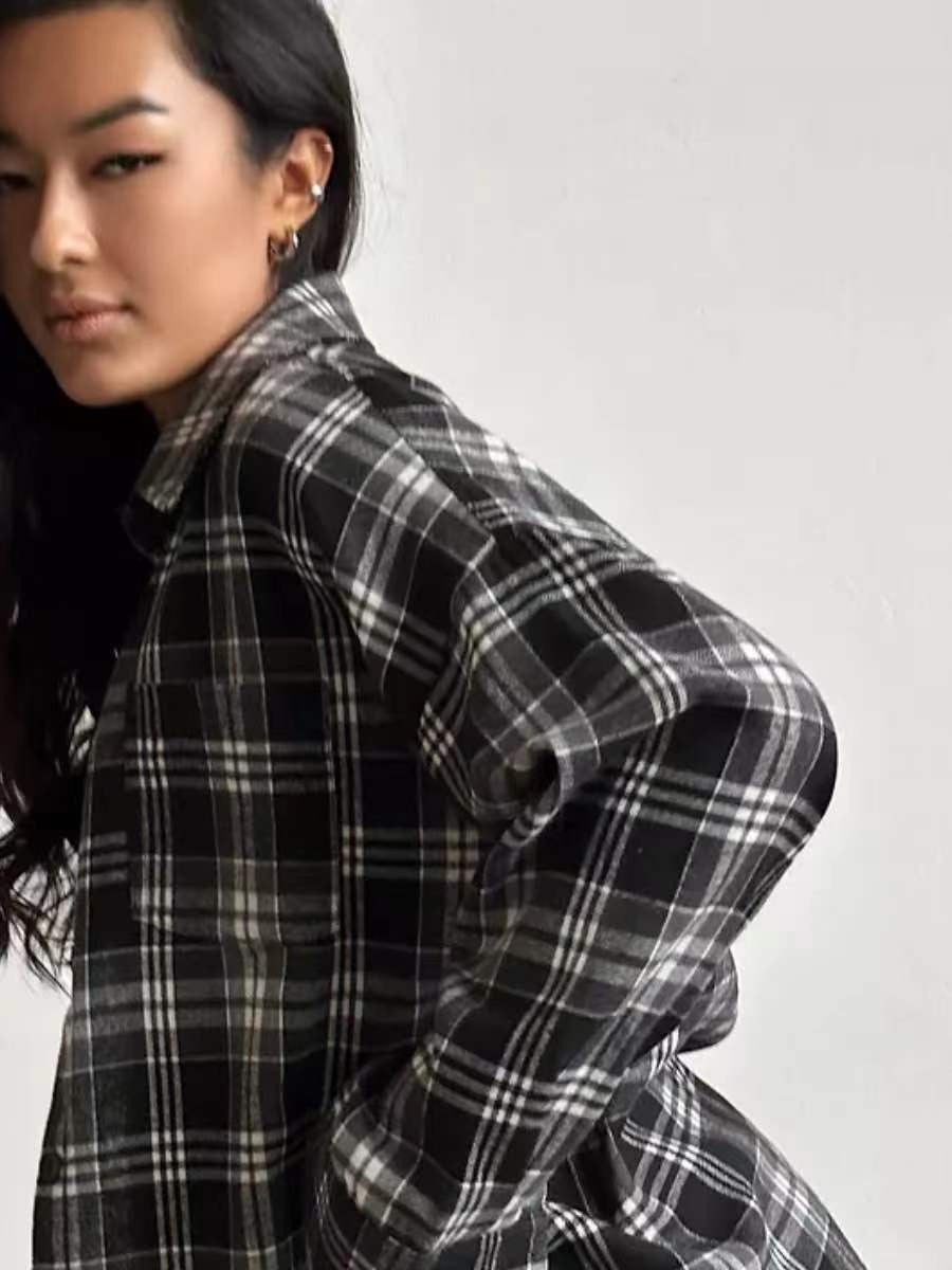 Women's Style Lapel Loose Shirt Plaid Long Sleeve Blouse