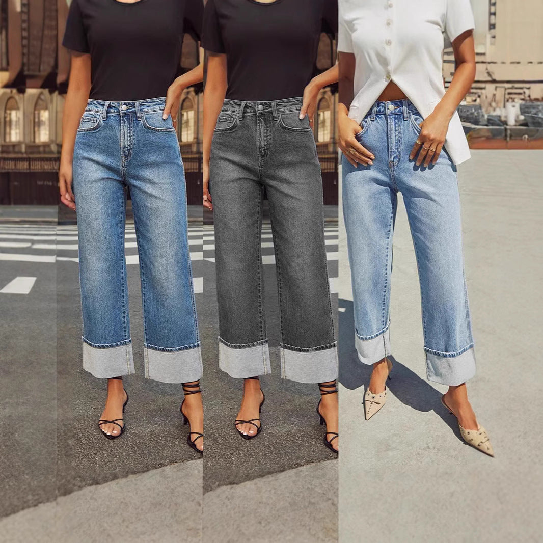 Women's Spring High Elastic Straight Quality Retro Waist Women's Jeans