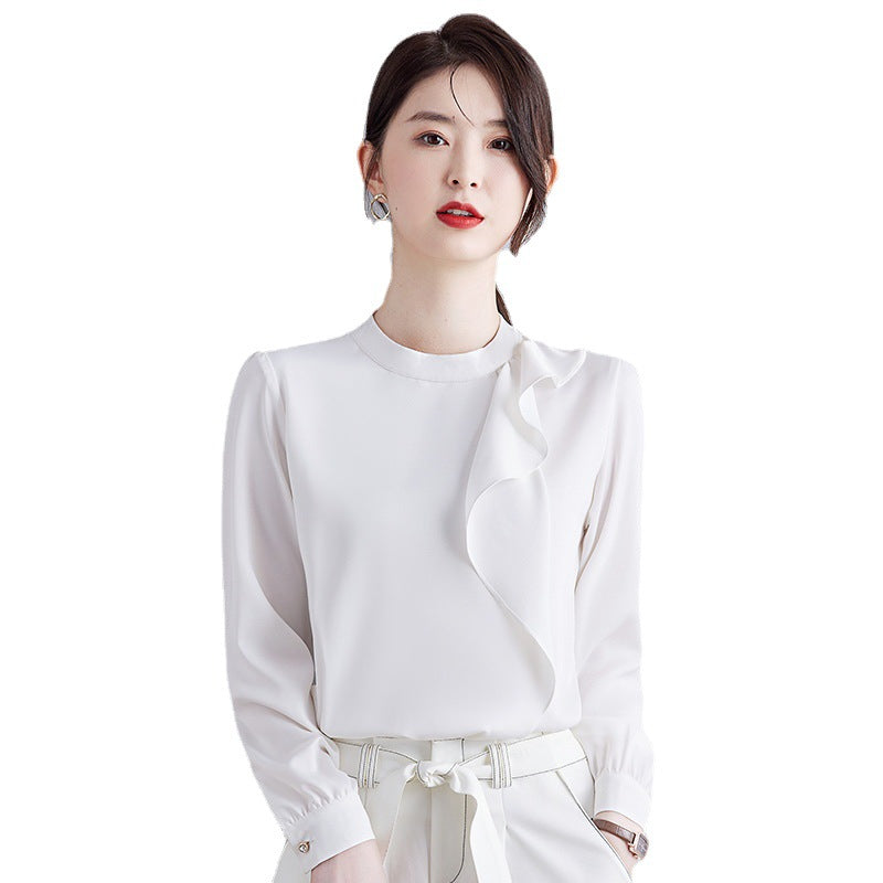 Women's Chic Ruffled Satin Shirt French Style Business Commuter Tops