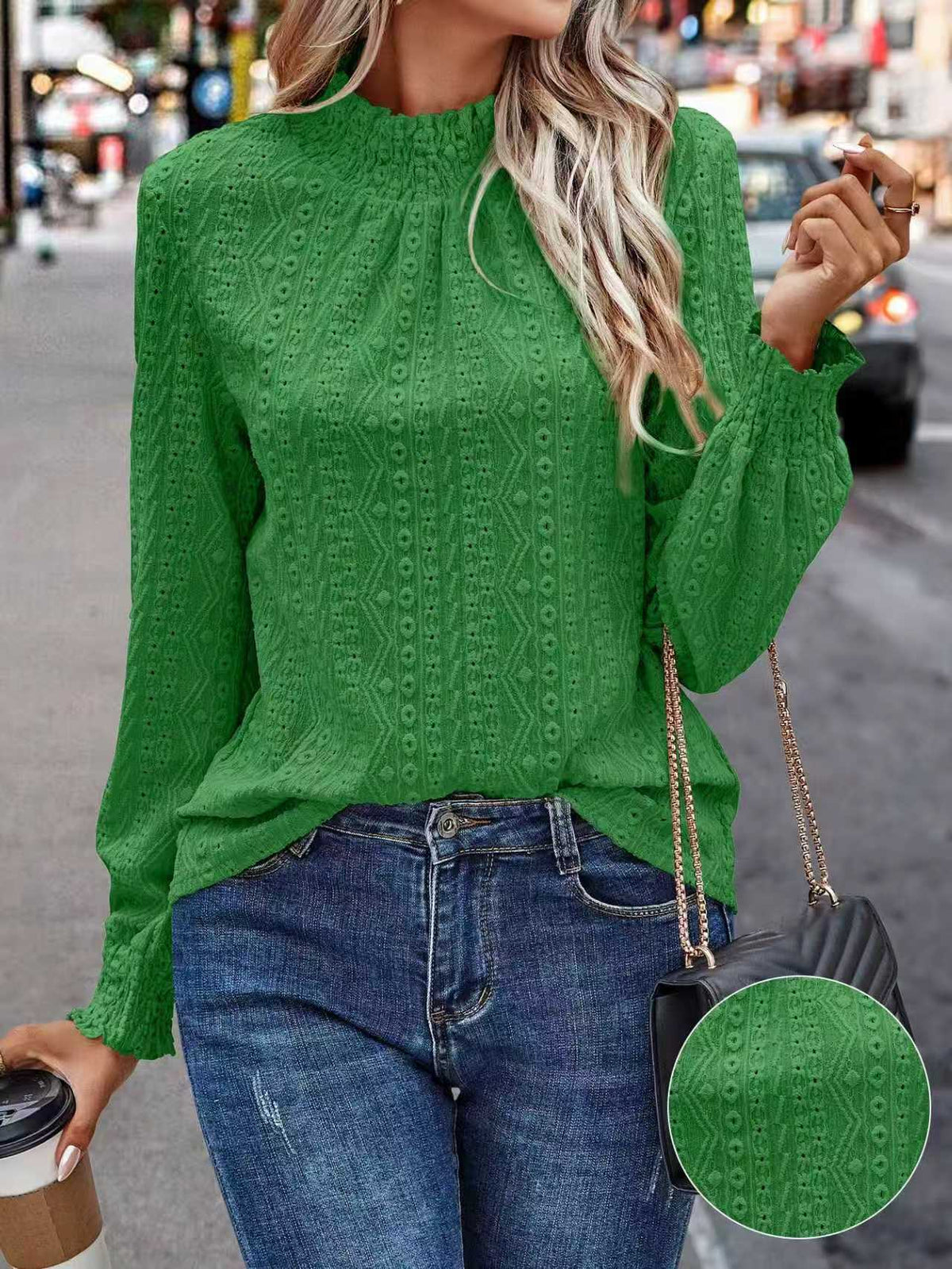 Women's Autumn Solid Color Fashion Hollow Stand Collar Puff Women's T-shirt