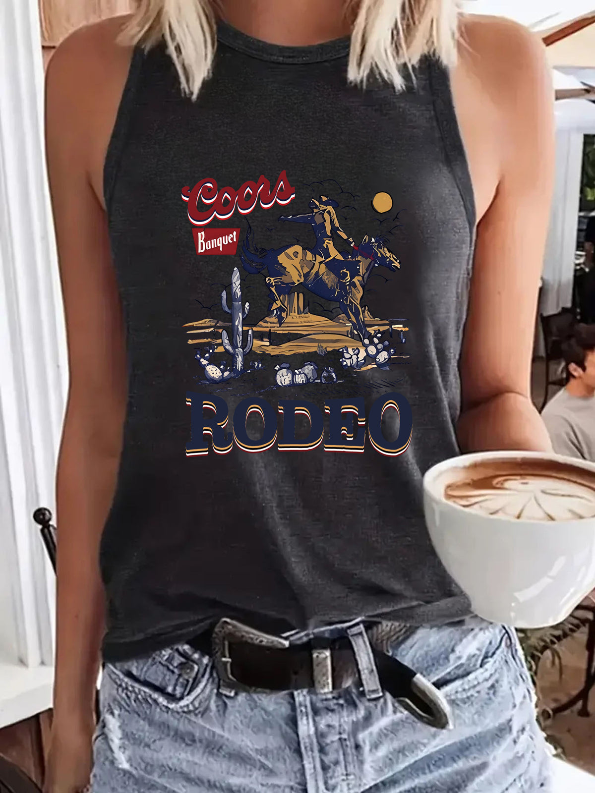 Women's Western Denim Sleeveless T-shirt Round Neck Pullover Vests