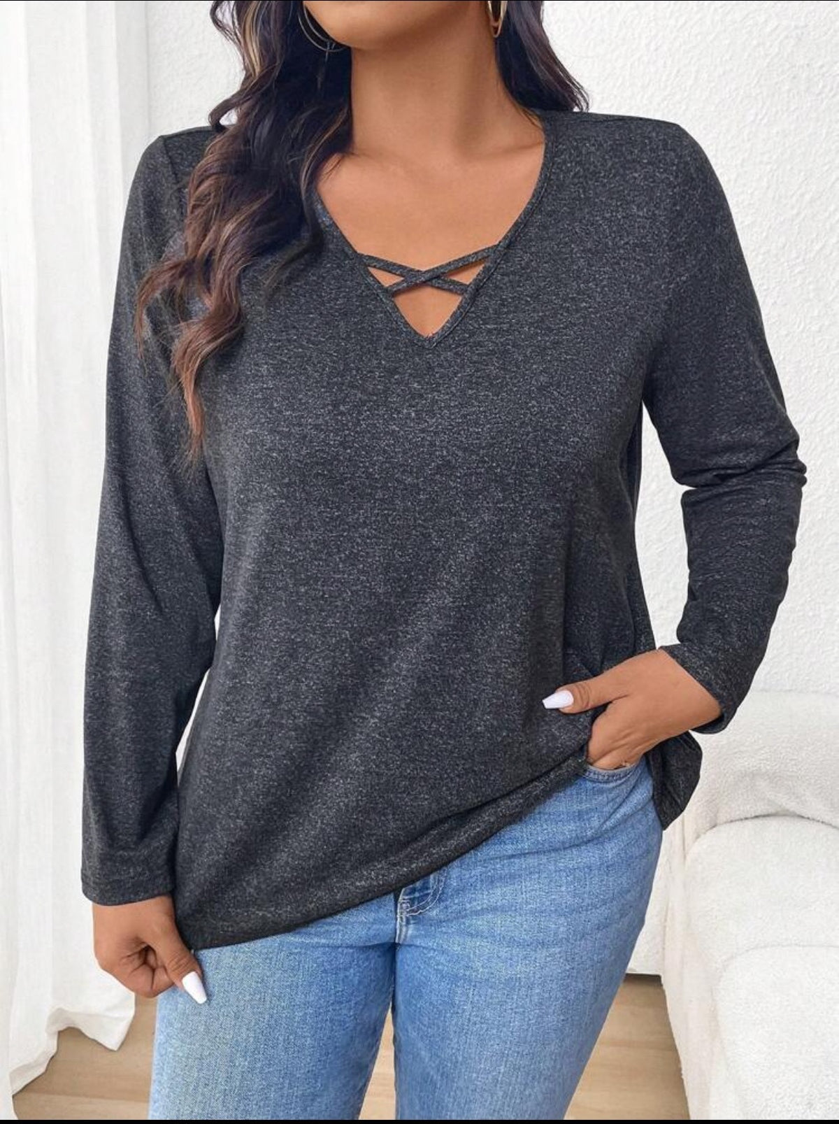 Women's Cross Long Sleeve Cotton Solid Color Casual Large Size T-shirt