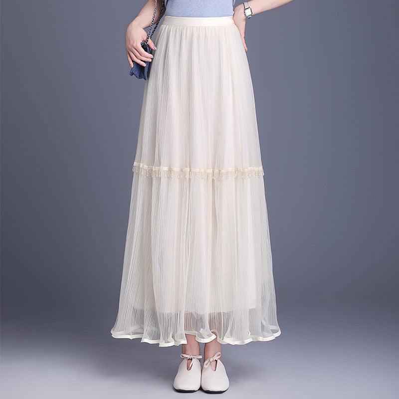 Women's Gauze High Waist Slimming A- Line Beaded Pleated Mesh Mid-length Skirts