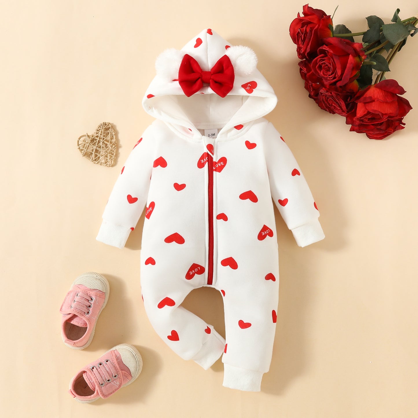 Love Romper Year Old Bowknot Zipper Sweater Strawberry Jumpsuit, Climbing Suit