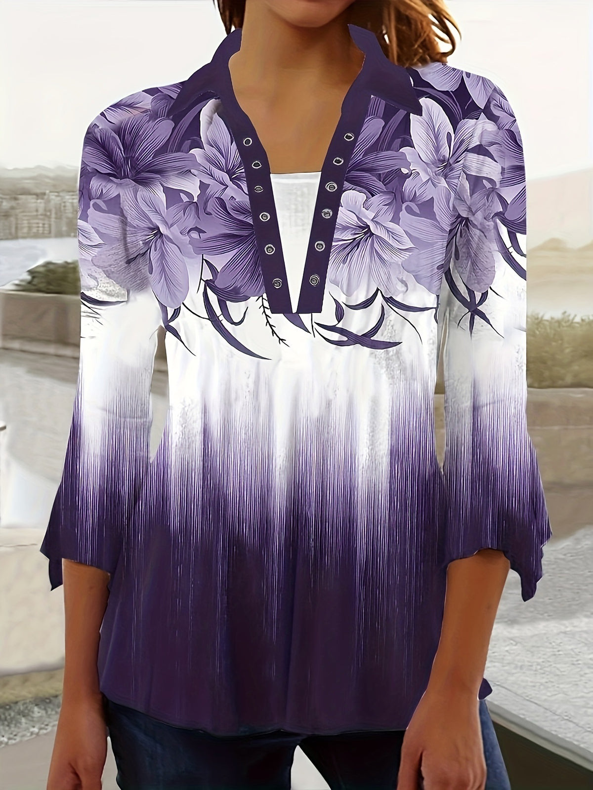 Autumn Print Polo Collar Irregular Sleeve Women's T-shirt