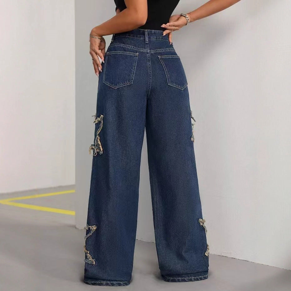Women's Patch Pentagram Tassel Loose Burrs Straight Women's Jeans