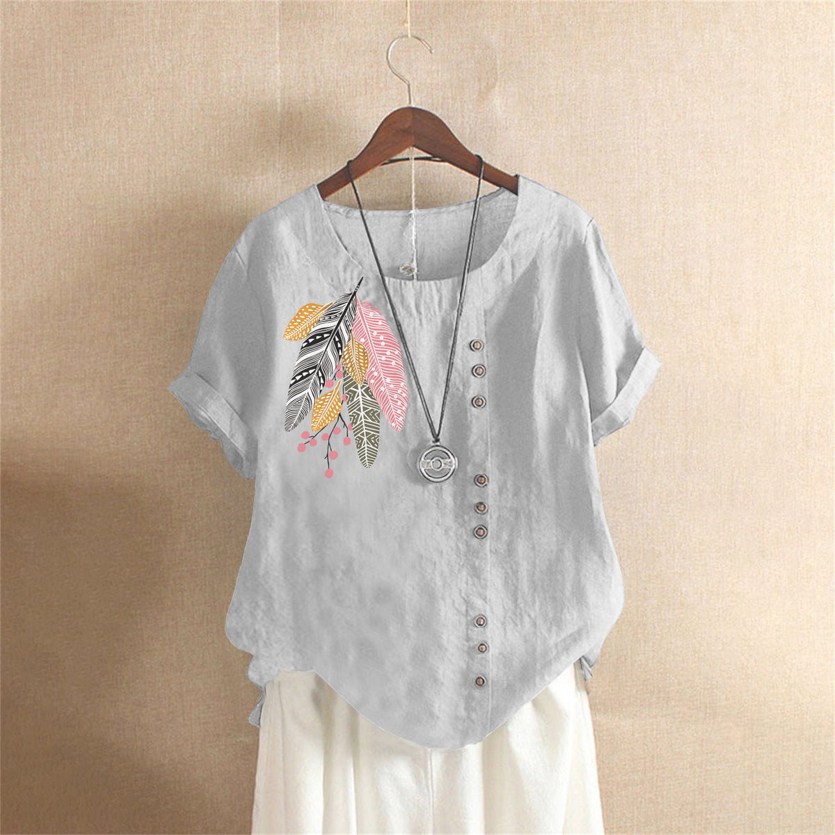 Women's Summer Retro Large Casual Loose Cotton Linen Sleeve Women's T-shirt