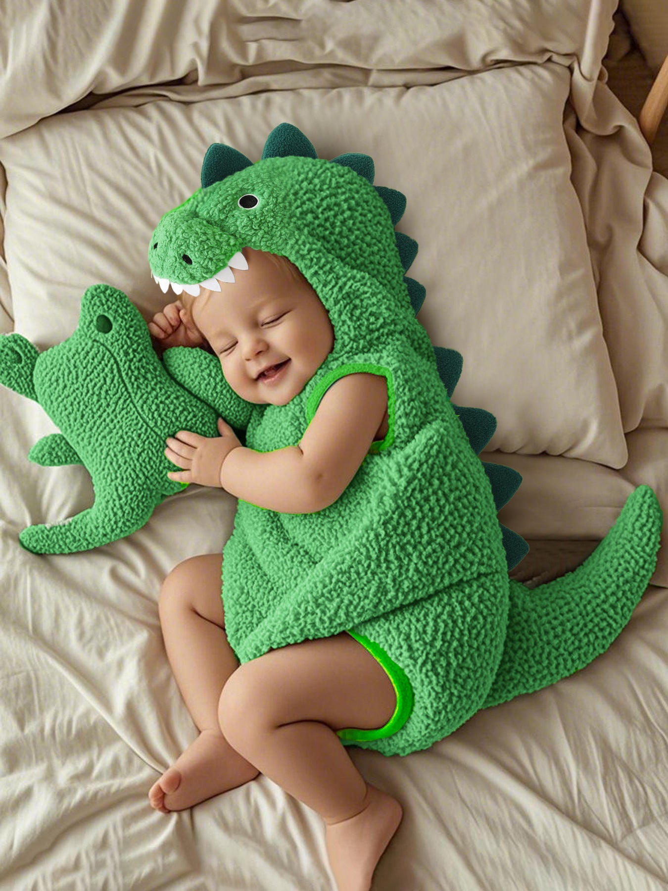 Infants Cute Cartoon Sleeveless Hooded Triangle Rompers Polar Fleece Dinosaur Jumpsuit, Climbing Suit