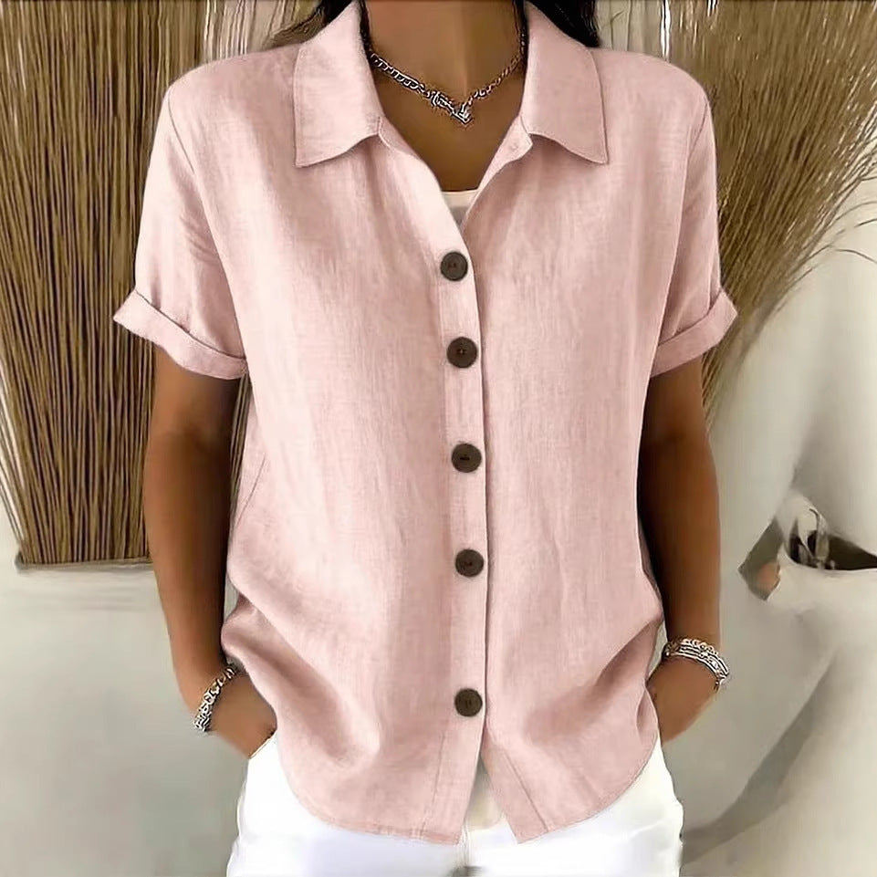 Summer Solid Color Polo Collar Shirt Button Casual Comfortable Shorts