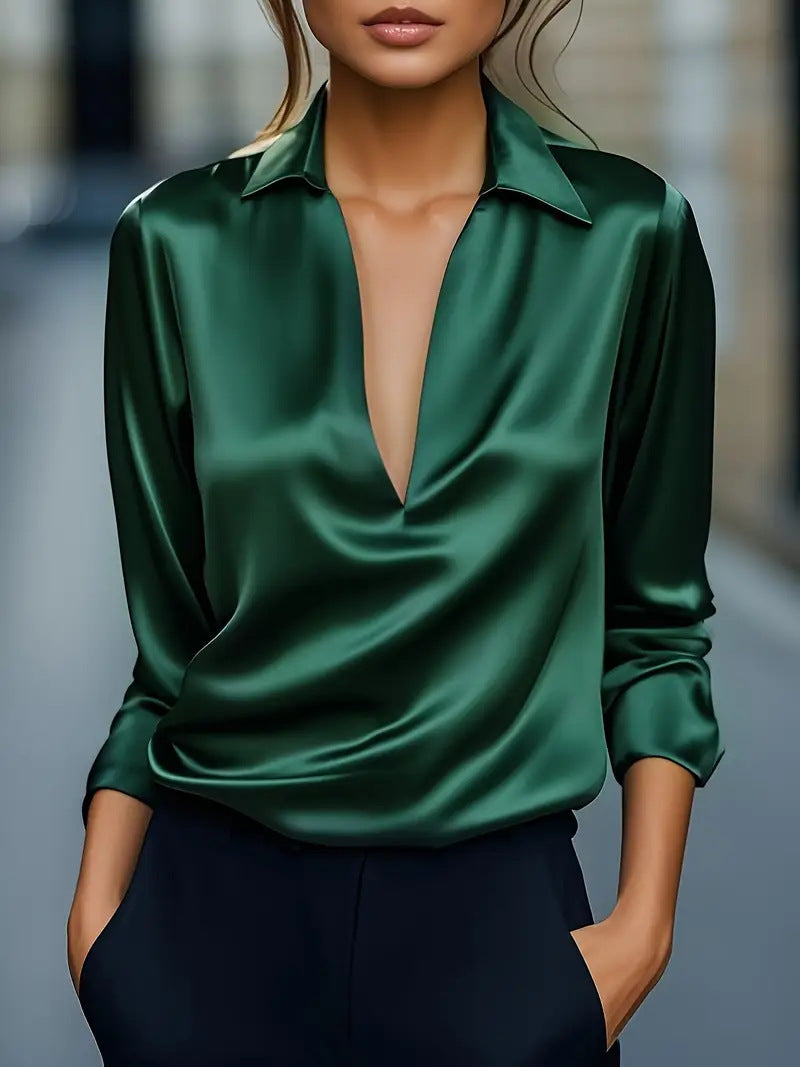 Women's Autumn Temperament Pure Color Simple Shirt Long Sleeve Blouse