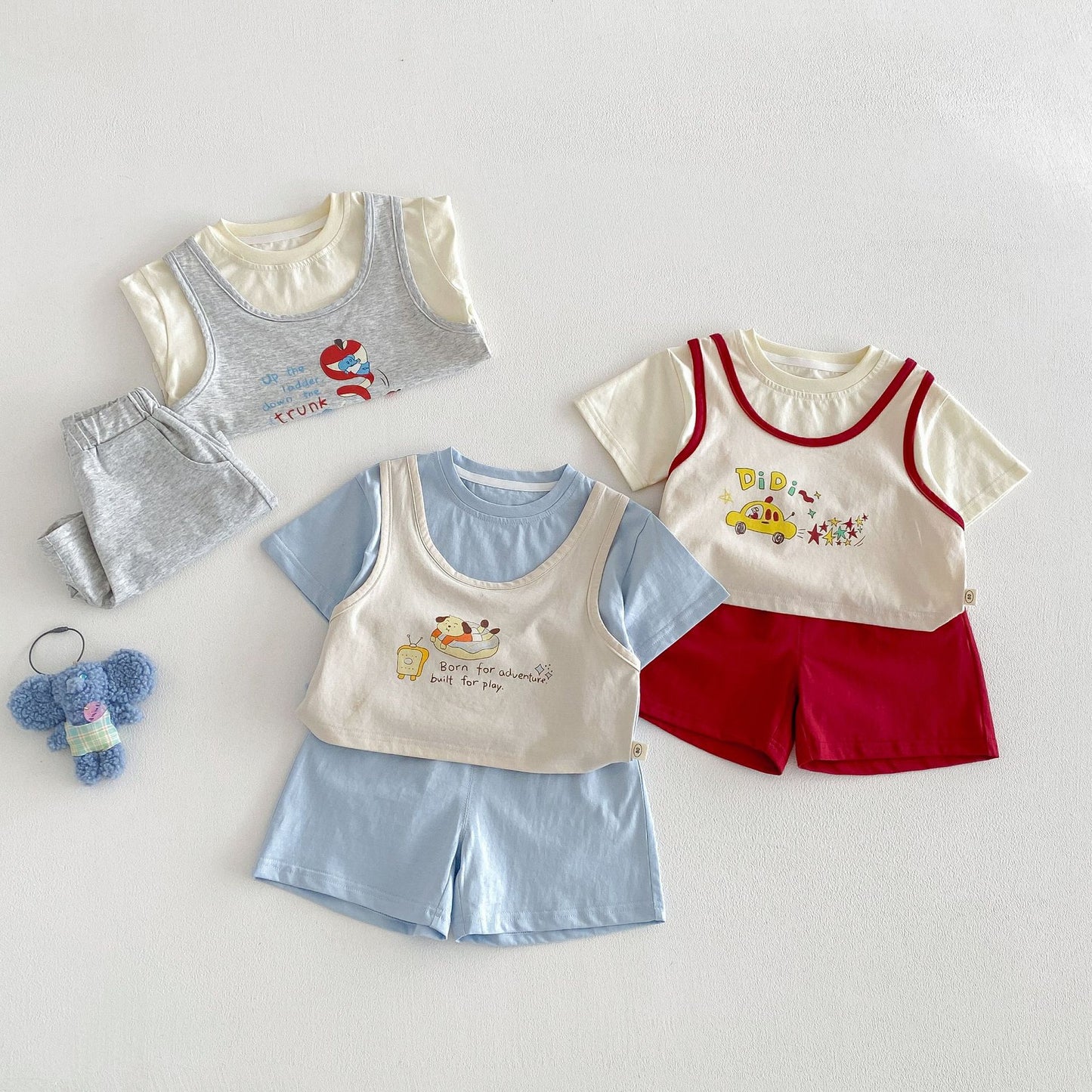 Children's Or Exchange Boy's Sportswear Summer Fake Two-piece Cartoon Printed T-shirt Children's Suit