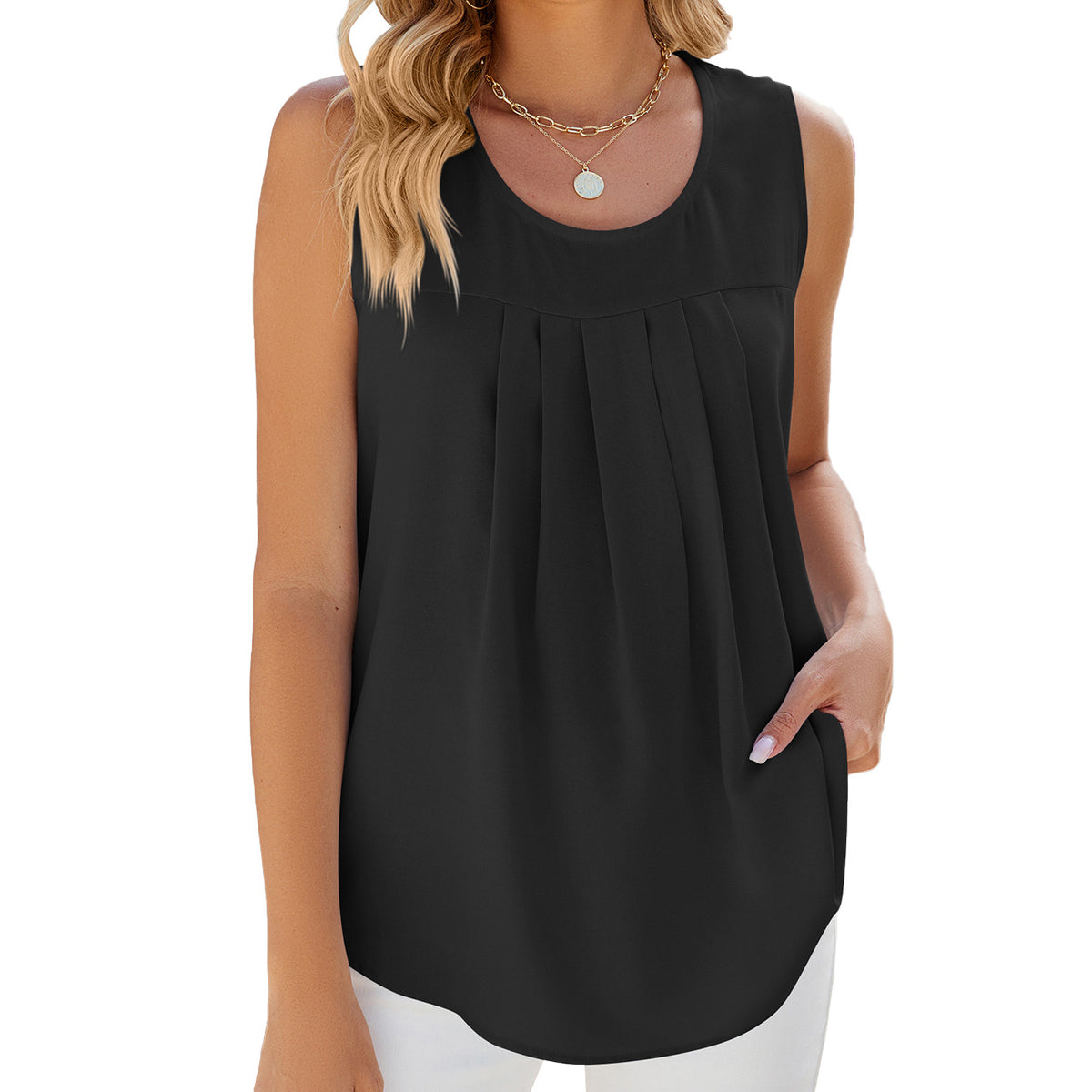 Women's Solid Color Round Neck Pleated Sleeveless Tops