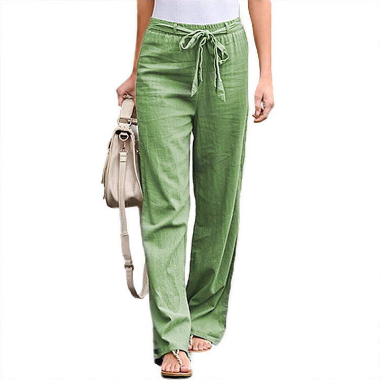 Women's Summer Elastic Waist Solid Color Cotton Linen Belt Wide Pants