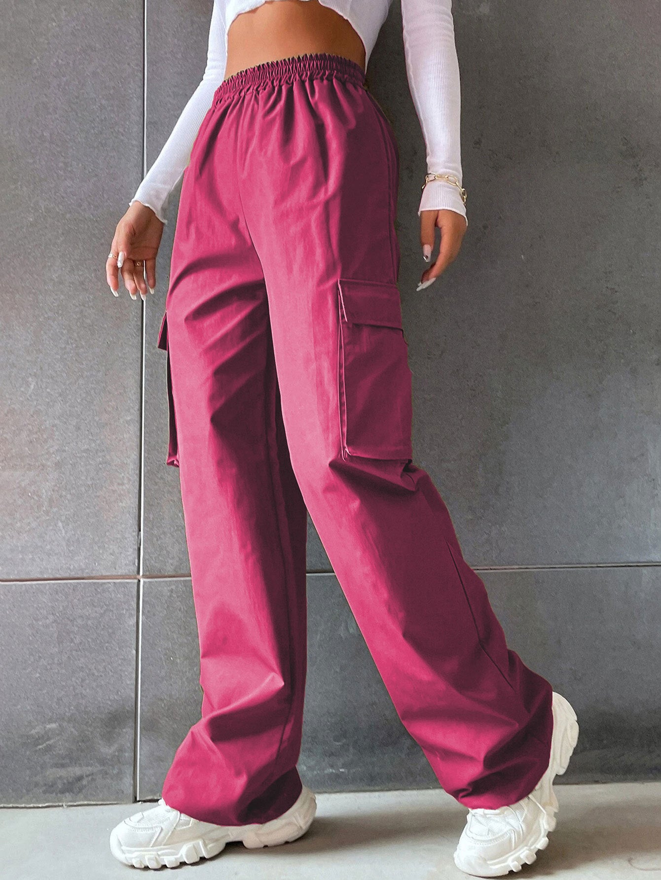 Women's Solid Color High Waist Flip Pocket Casual Pants