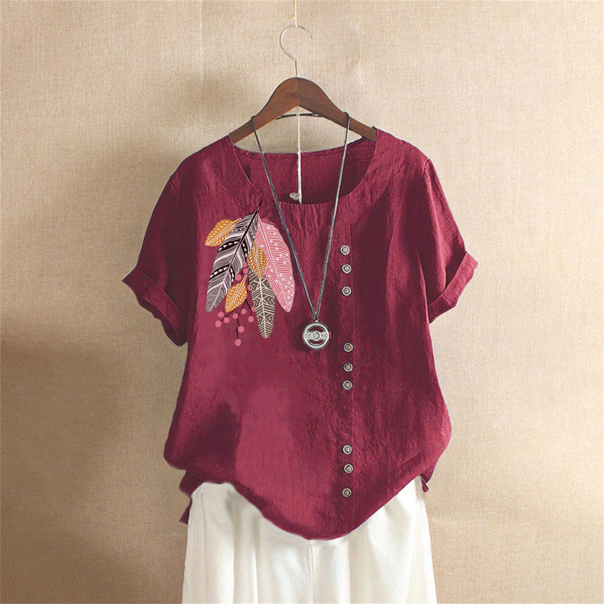 Women's Summer Retro Large Casual Loose Cotton Linen Sleeve Women's T-shirt