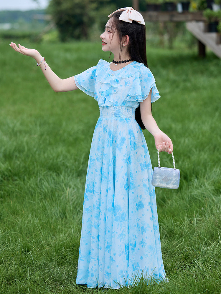 Summer Skirt Clothing Middle Big Fashionable Stylish Floral Children's Dress