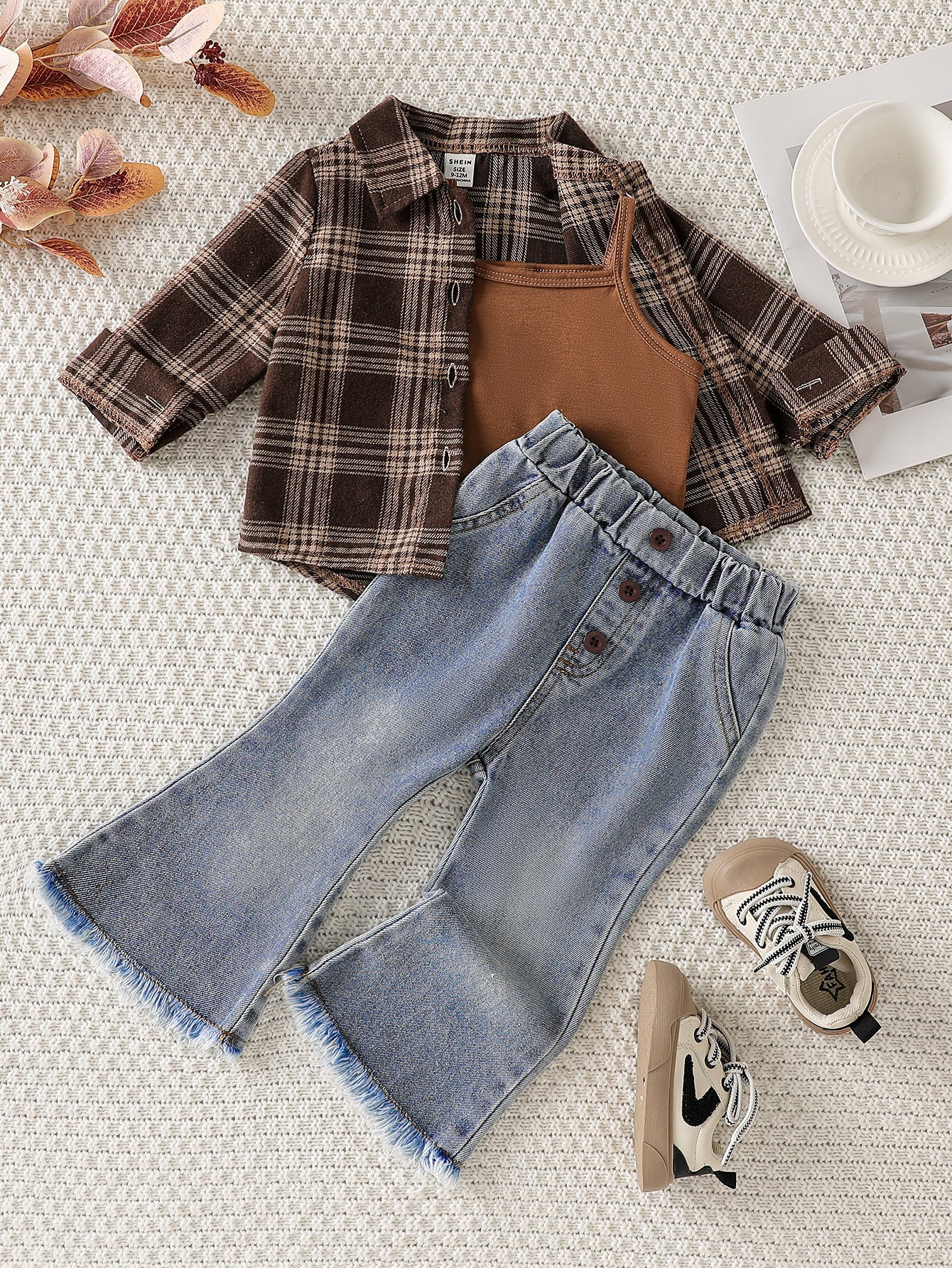 Fashion Plaid Shirt Slightly Flared Jeans Overall Children's Suit