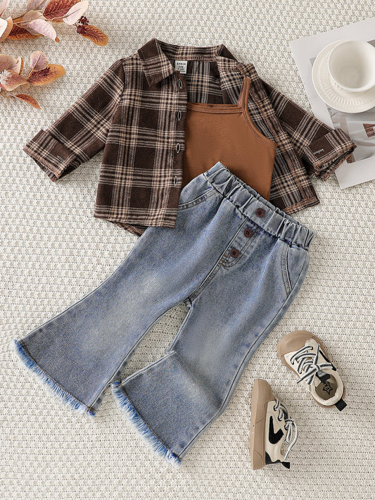 Fashion Plaid Shirt Slightly Flared Jeans Overall Children's Suit