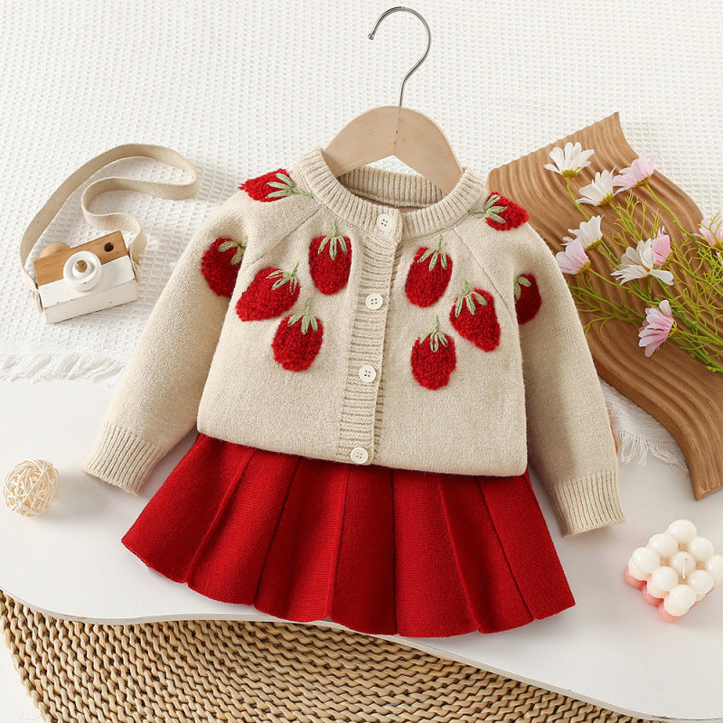 Children's Sweater Strawberry Knitted Skirt Korean Style Fashionable Long Sleeve Cardigan Children's Suit