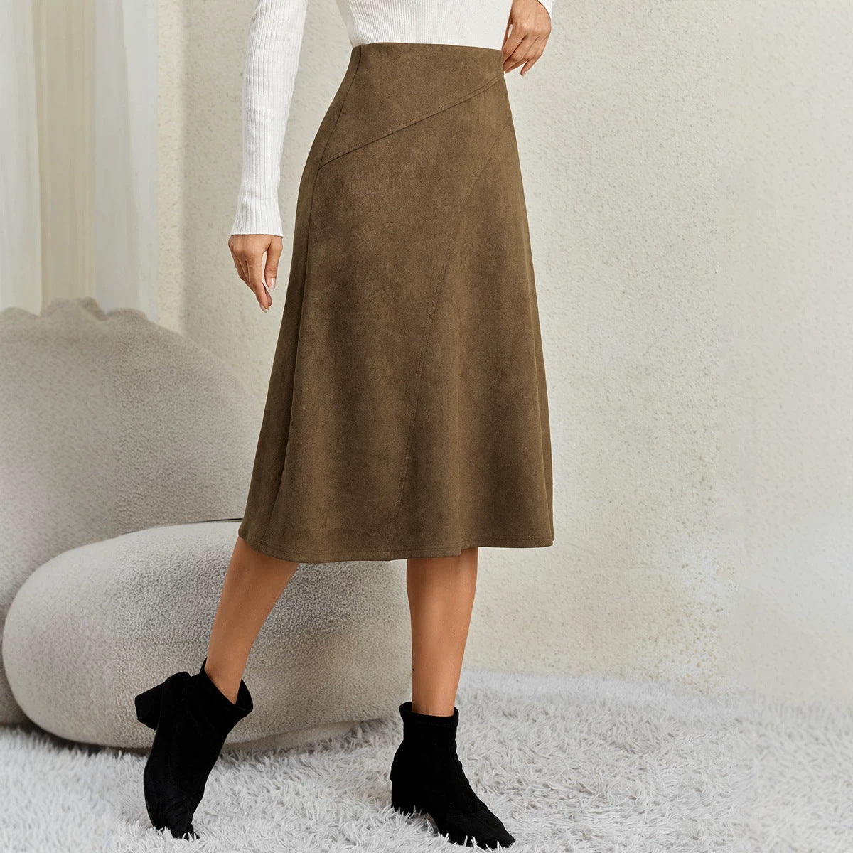 Women's Stitching High Waist Elastic Zipper A- Line Midi Skirt