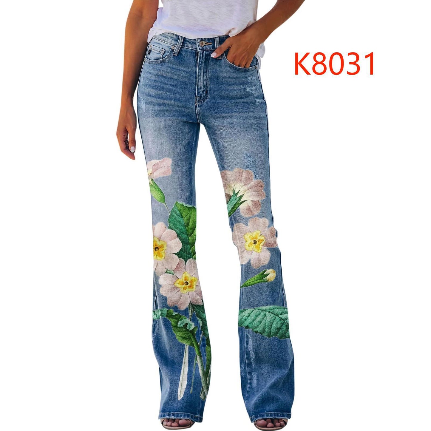 Women's Large Casual Imitation Denim Bell-bottom Floral Pants