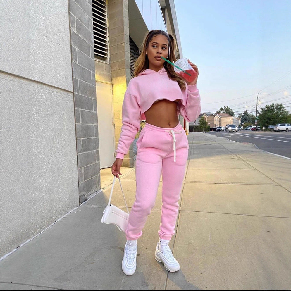 Women's Solid Color Two-piece Fleece Padded Leisure Suits