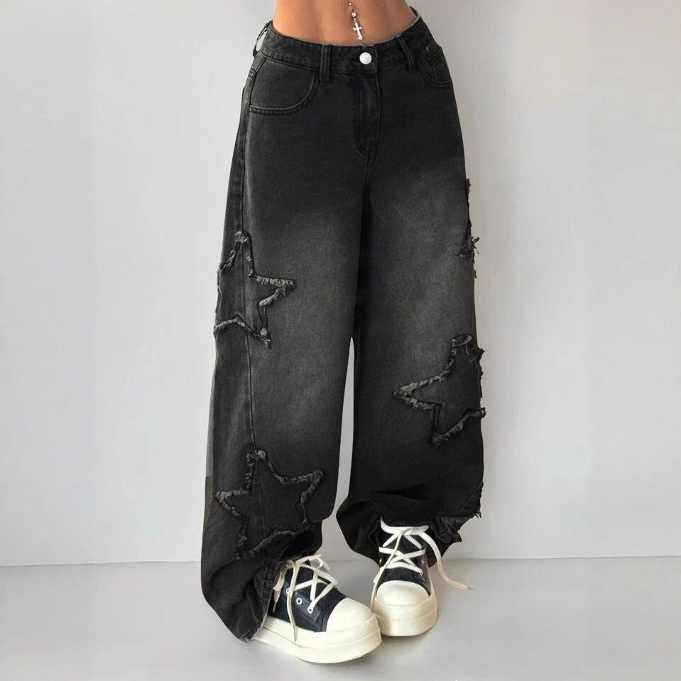 Women's High Street Fashion Fried Pentagram Embroidered Elastic Waist Loose Jeans