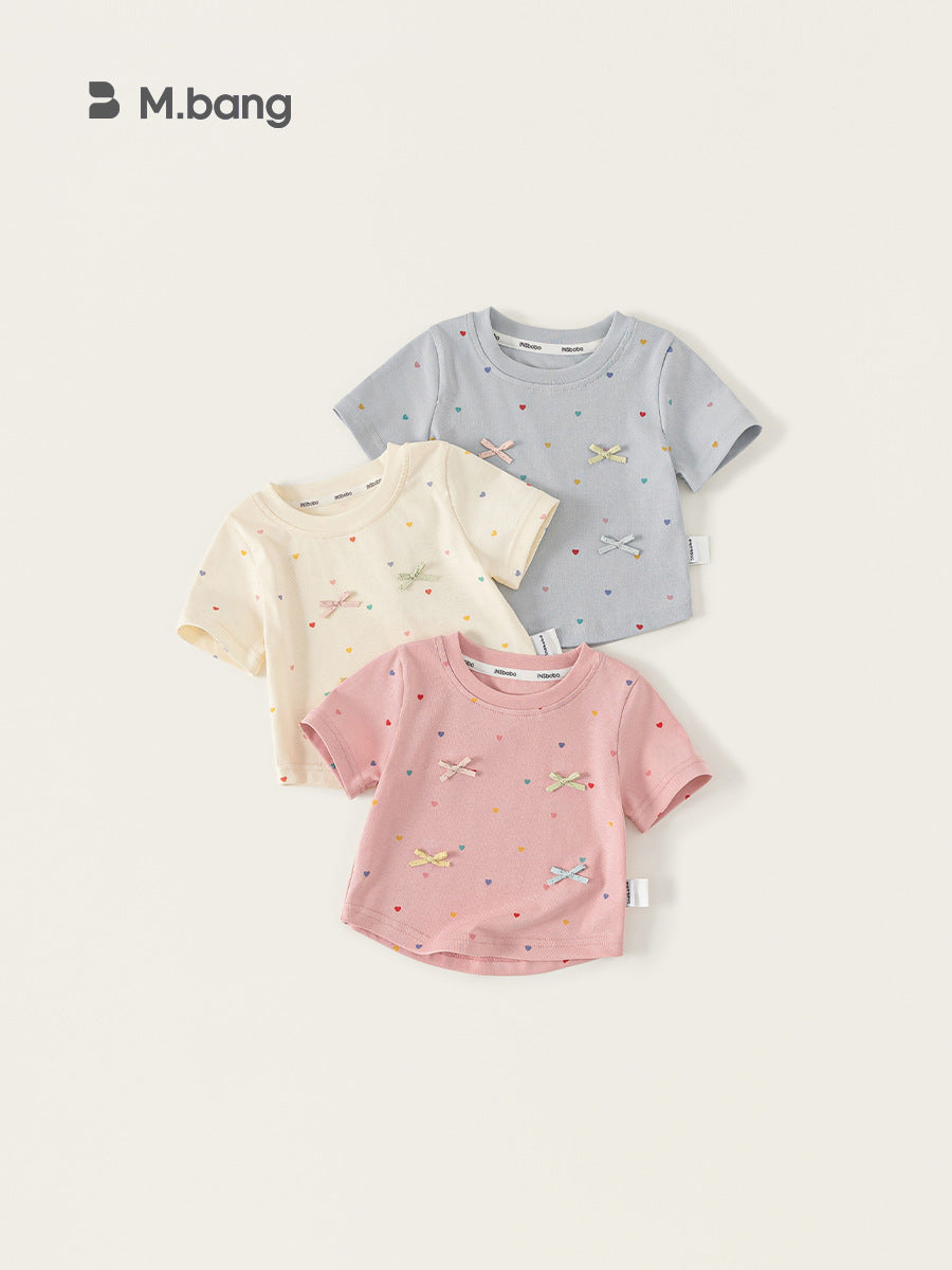 Children's Sweet Bow Top Polka Dot Round Neck Little Children's T-shirt